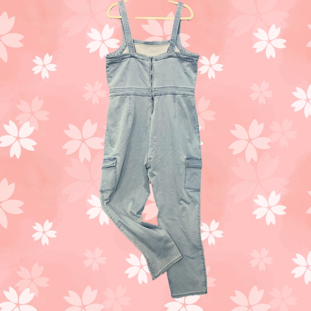 Lightweight Denim Mock Tie Waist Jumpsuit w/stretch•NWOT•23” p2p 29” inseam - Picture 3 of 3
